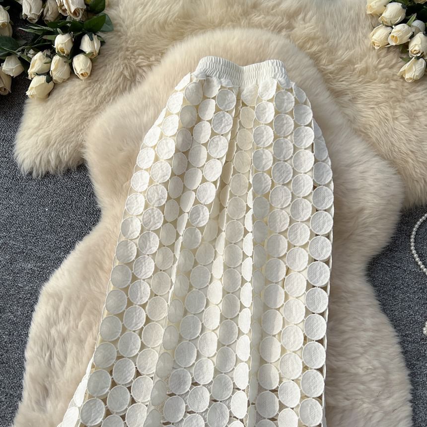 Elastic Waist Hollow Out Circle Fringe Maxi Skirt