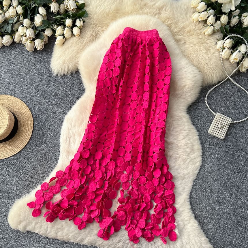 Elastic Waist Hollow Out Circle Fringe Maxi Skirt