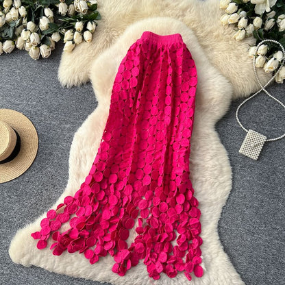 Elastic Waist Hollow Out Circle Fringe Maxi Skirt
