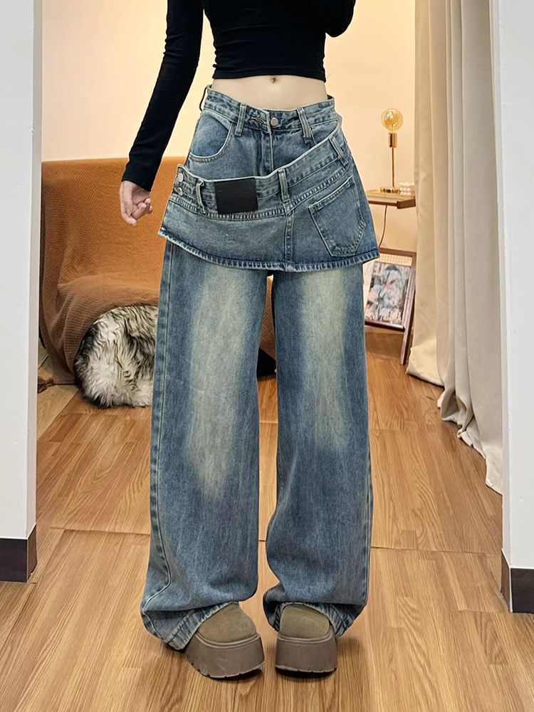 Low Rise Asymmetrical Skirt Overlay Wide Leg Jeans