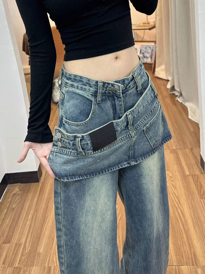 Low Rise Asymmetrical Skirt Overlay Wide Leg Jeans