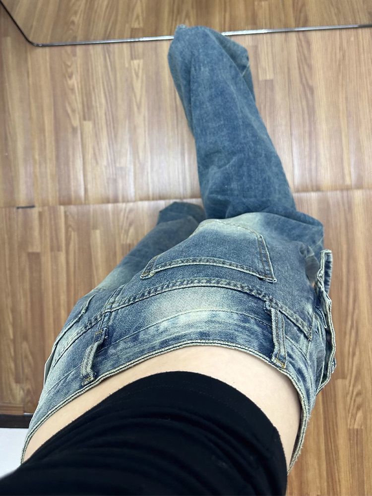 Low Rise Asymmetrical Skirt Overlay Wide Leg Jeans