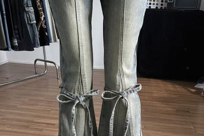 Mid Rise Frayed Skirt Overlay Bell Bottom Jeans