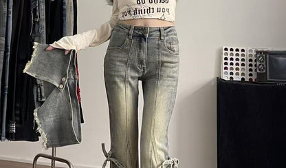 Mid Rise Frayed Skirt Overlay Bell Bottom Jeans