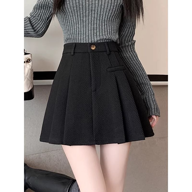 Pleated Mini A-Line Skirt High Waist Plain