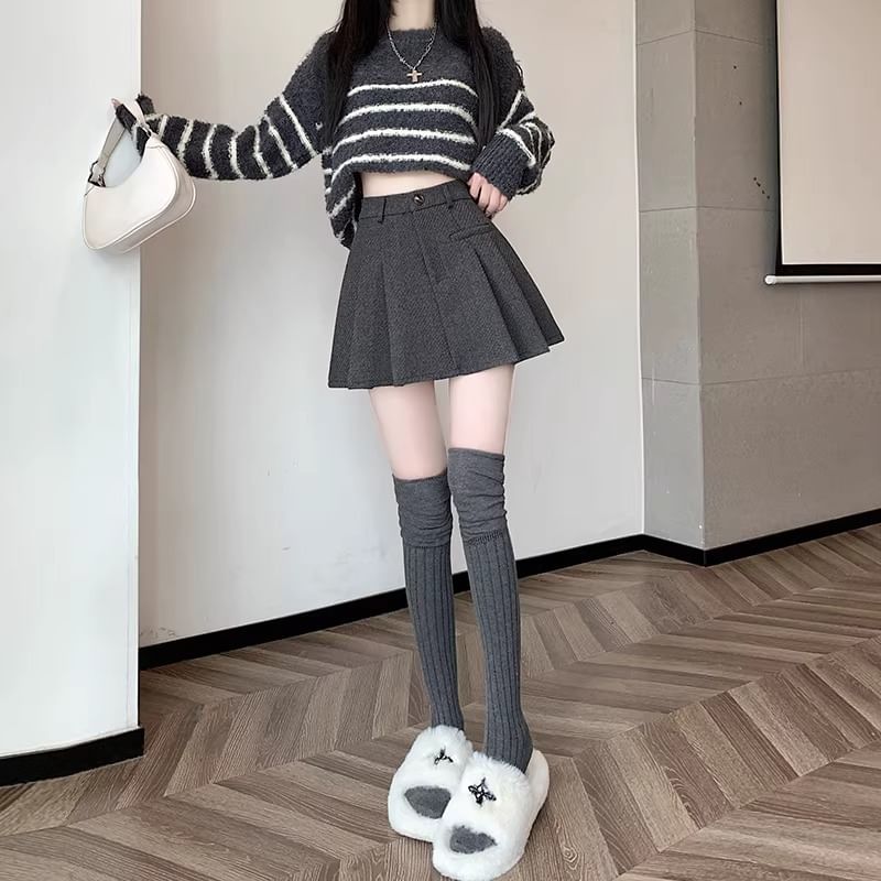 Pleated Mini A-Line Skirt High Waist Plain