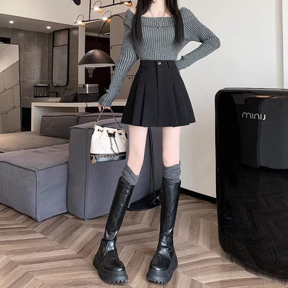 Pleated Mini A-Line Skirt High Waist Plain