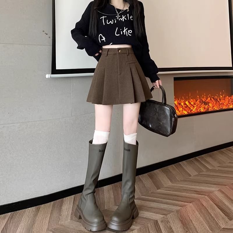 Pleated Mini A-Line Skirt High Waist Plain