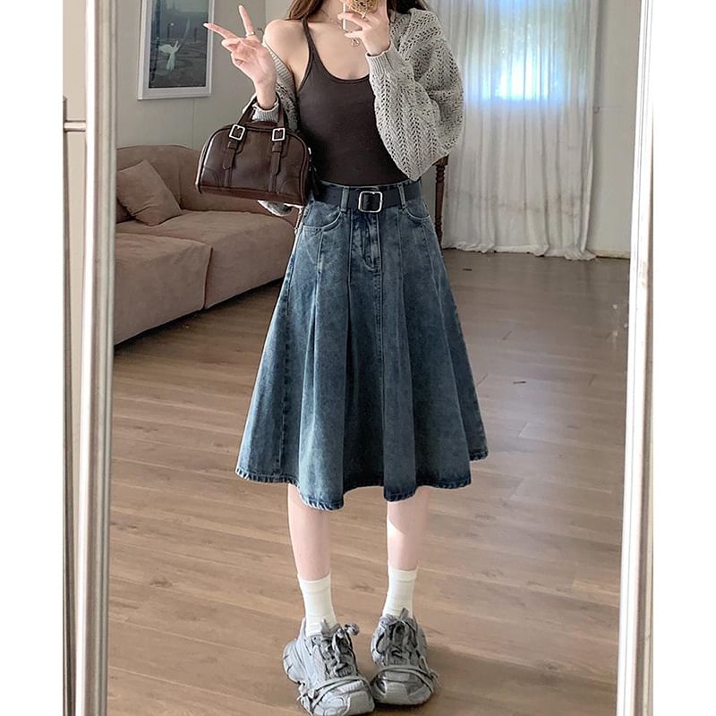 Washed Pleated Midi A-Line Denim Skirt High Waist