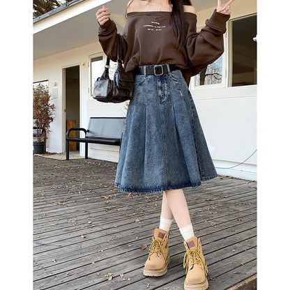Washed Pleated Midi A-Line Denim Skirt High Waist
