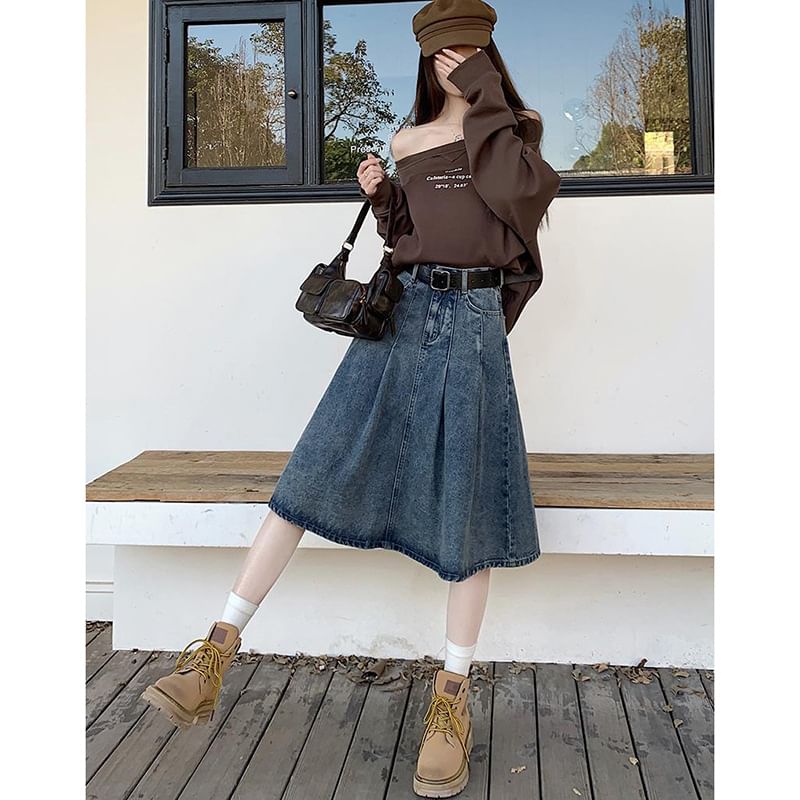 Washed Pleated Midi A-Line Denim Skirt High Waist