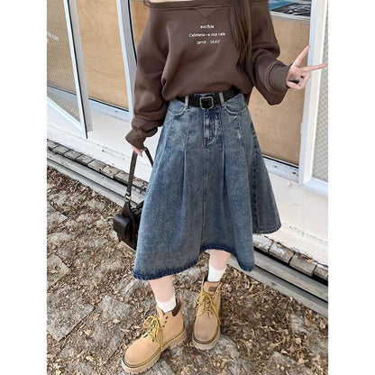 Washed Pleated Midi A-Line Denim Skirt High Waist