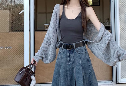 Washed Pleated Midi A-Line Denim Skirt High Waist