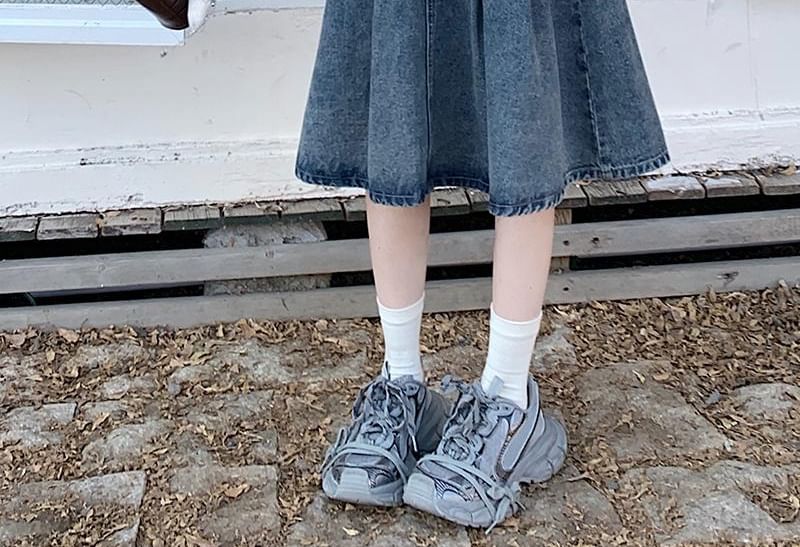 Washed Pleated Midi A-Line Denim Skirt High Waist