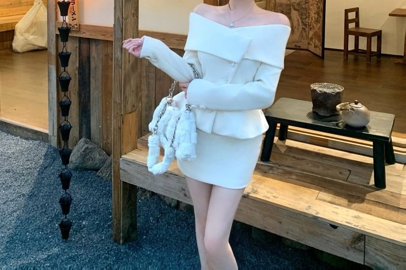 Off-Shoulder Button-Up Plain Crop Jacket / High Waist Mini Pencil Skirt