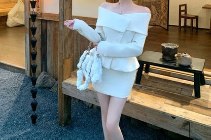 Off-Shoulder Button-Up Plain Crop Jacket / High Waist Mini Pencil Skirt