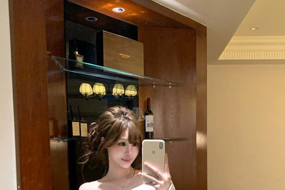 Off-Shoulder Button-Up Plain Crop Jacket / High Waist Mini Pencil Skirt