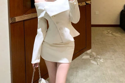 Off-Shoulder Button-Up Plain Crop Jacket / High Waist Mini Pencil Skirt