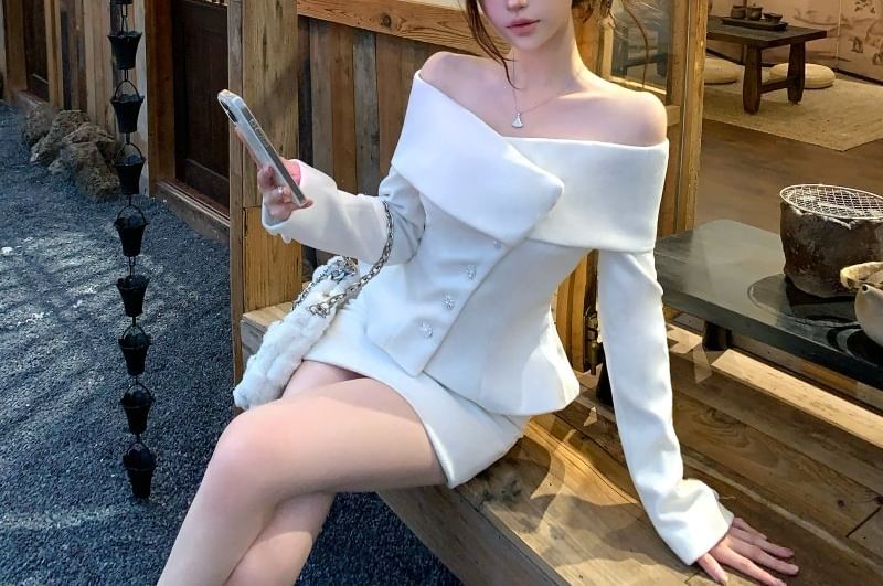 Off-Shoulder Button-Up Plain Crop Jacket / High Waist Mini Pencil Skirt