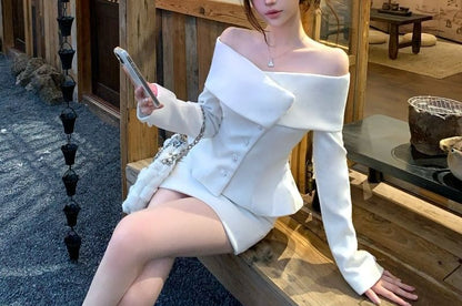 Off-Shoulder Button-Up Plain Crop Jacket / High Waist Mini Pencil Skirt