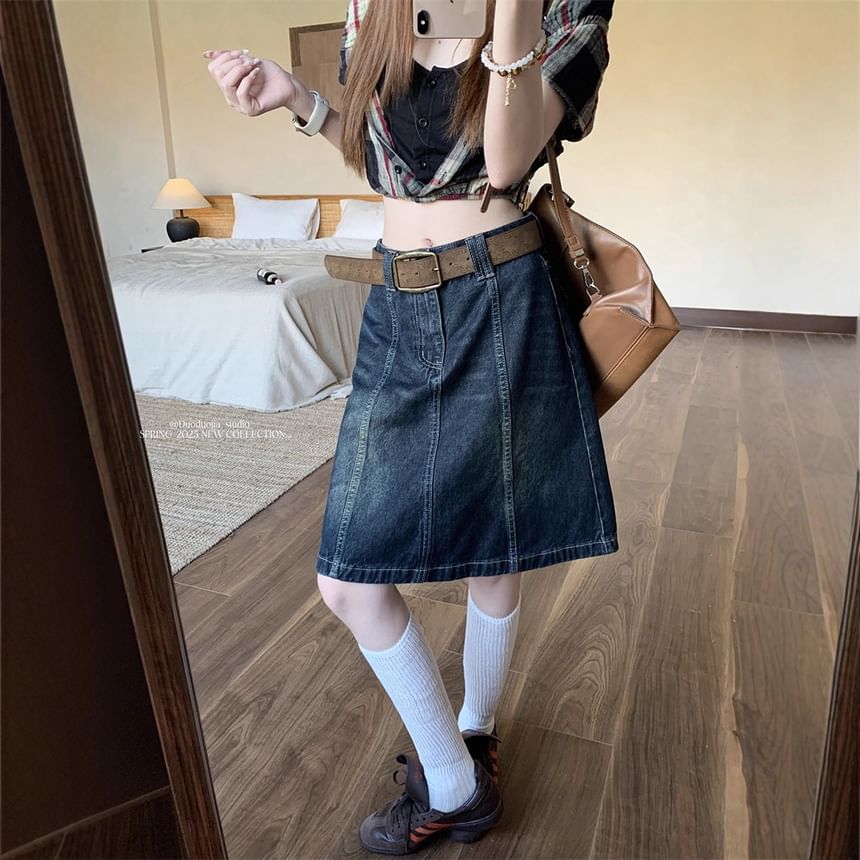 Washed Panel A-Line Denim Skirt Mid Rise