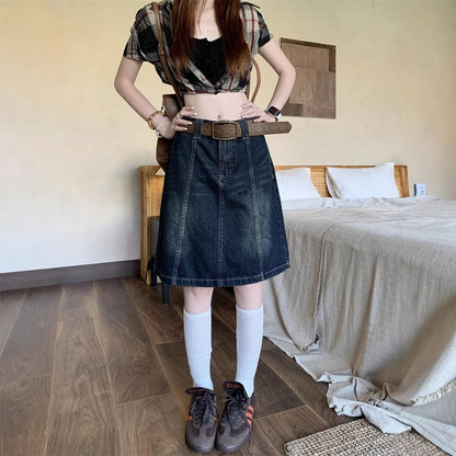 Washed Panel A-Line Denim Skirt Mid Rise