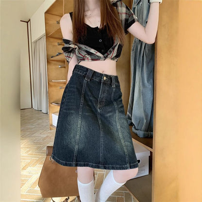 Washed Panel A-Line Denim Skirt Mid Rise