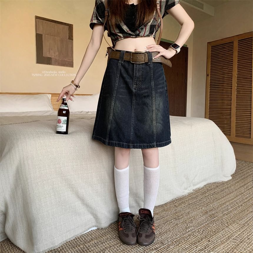Washed Panel A-Line Denim Skirt Mid Rise