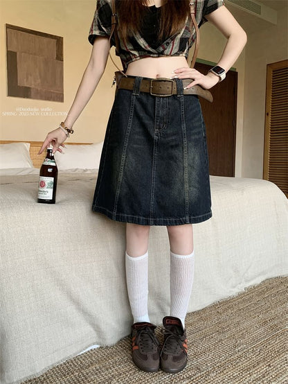 Washed Panel A-Line Denim Skirt Mid Rise