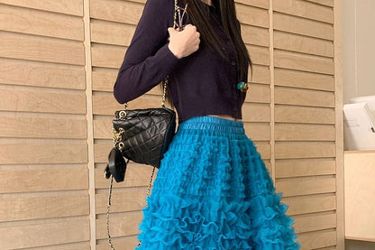 High Waist Plain Midi A-Line Ruffled Mesh Skirt