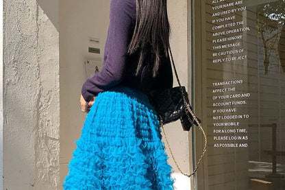 High Waist Plain Midi A-Line Ruffled Mesh Skirt