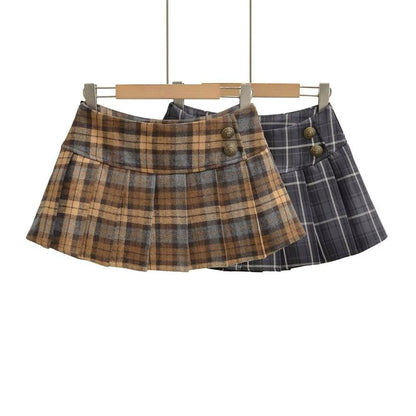 Low Rise Plaid Pleated Mini A-Line Skirt