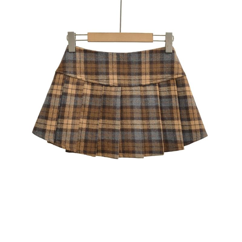 Low Rise Plaid Pleated Mini A-Line Skirt