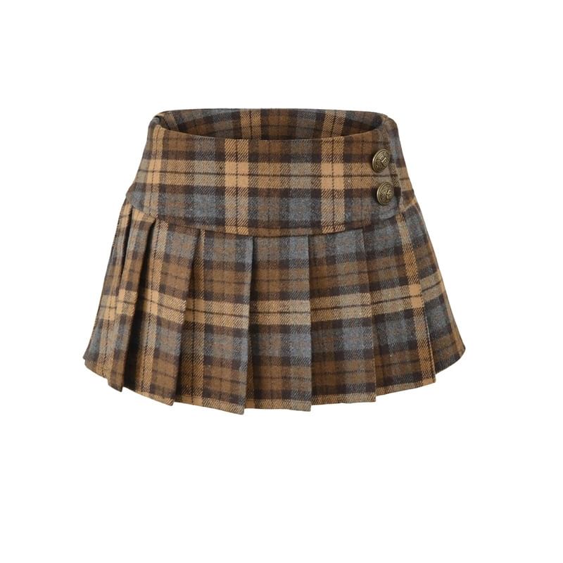 Low Rise Plaid Pleated Mini A-Line Skirt