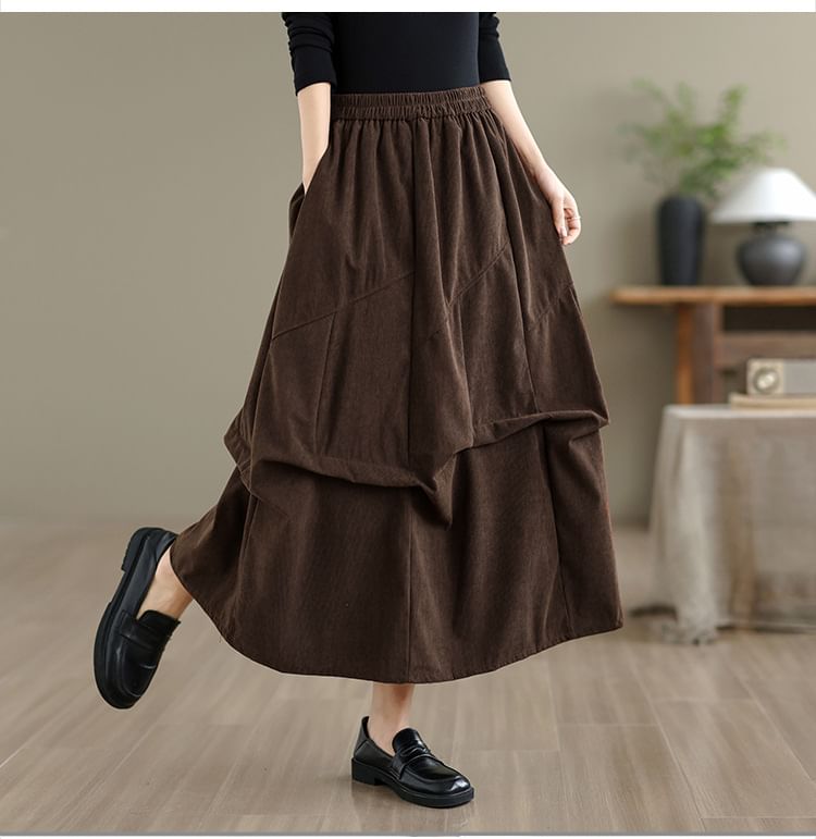 Elastic Waist Plain Ruched Corduroy Midi A-Line Skirt