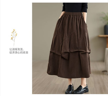 Elastic Waist Plain Ruched Corduroy Midi A-Line Skirt