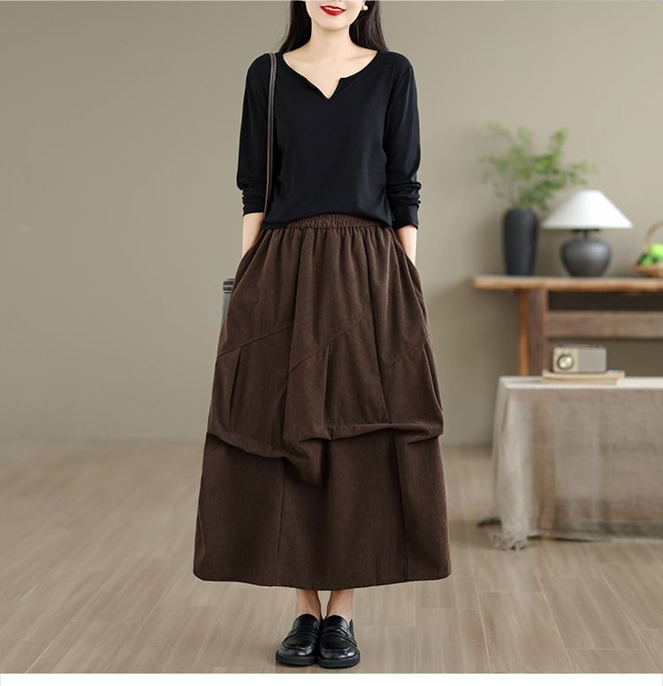 Elastic Waist Plain Ruched Corduroy Midi A-Line Skirt