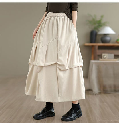 Elastic Waist Plain Ruched Corduroy Midi A-Line Skirt