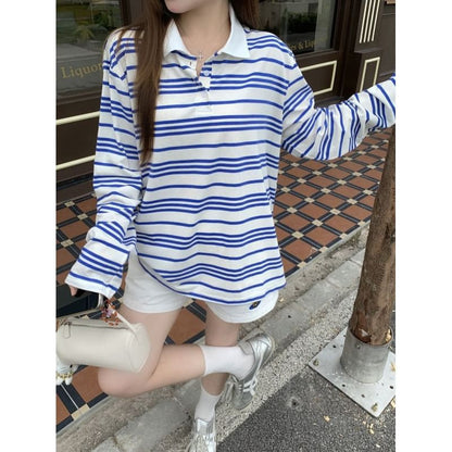 Striped Drop Shoulder Polo Long Sleeve