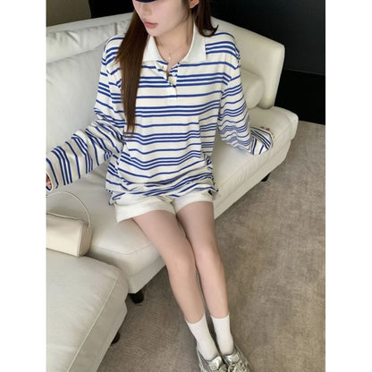 Striped Drop Shoulder Polo Long Sleeve