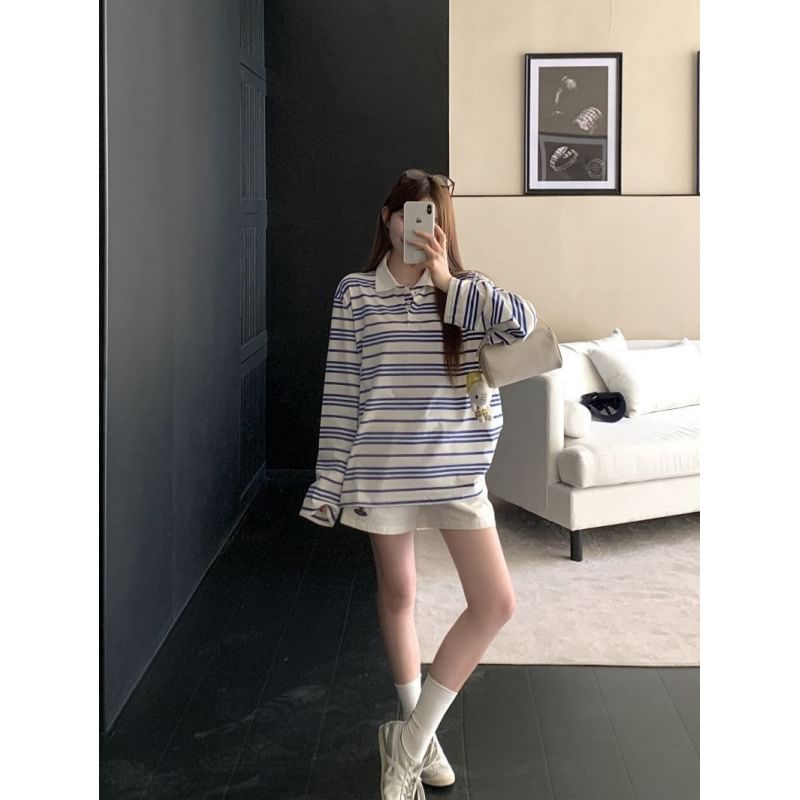 Striped Drop Shoulder Polo Long Sleeve