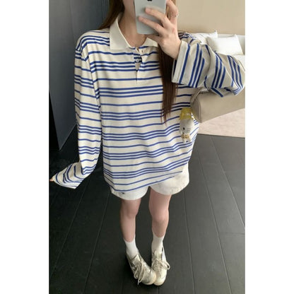 Striped Drop Shoulder Polo Long Sleeve