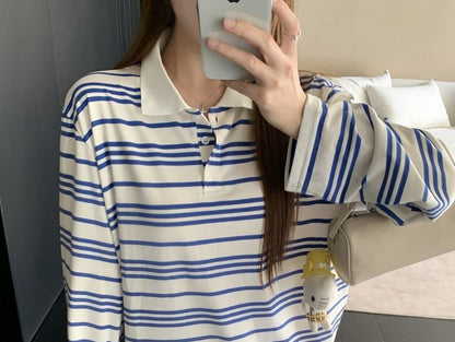 Striped Drop Shoulder Polo Long Sleeve