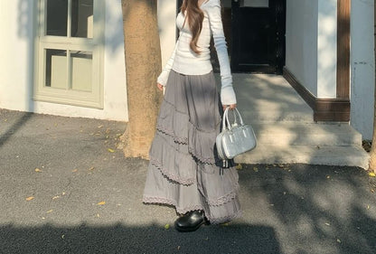 Cold Shoulder Tee with Asymmetric Lace Midi Skirt