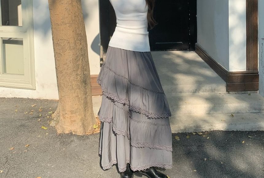 Cold Shoulder Tee with Asymmetric Lace Midi Skirt