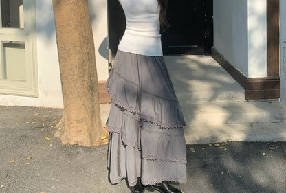 Cold Shoulder Tee with Asymmetric Lace Midi Skirt