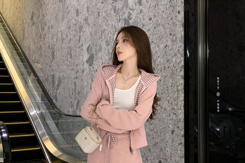 Plaid Zip Crop Hoodie and Sweatpants Set