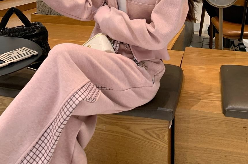 Plaid Zip Crop Hoodie and Sweatpants Set
