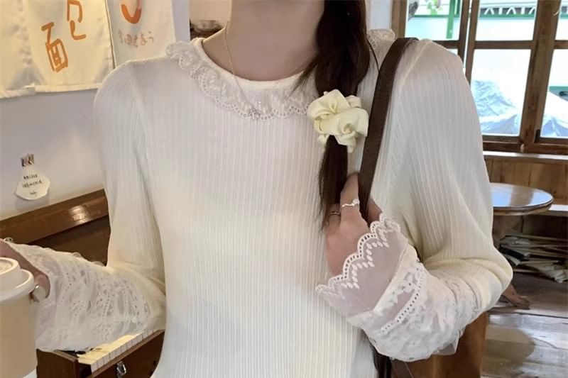 Ribbed Crew Neck Tee with Lace Insets