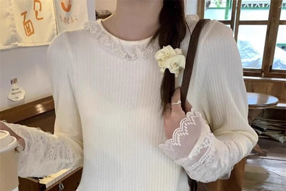 Ribbed Crew Neck Tee with Lace Insets